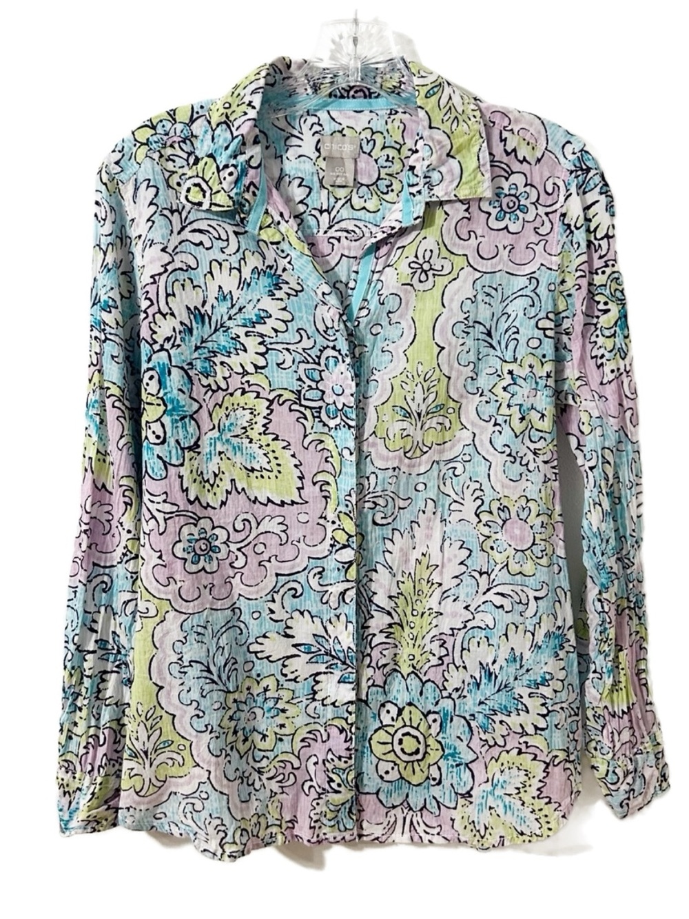 Chico’s Boho Floral Peasant Blouse Rose Pink Paisley Scoop Neck Button Front Top